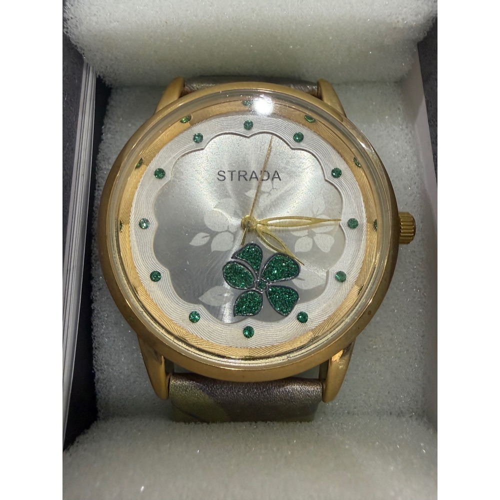 Strada Womens Quartz Watch Gold Tone Green Four Leaf Clover Floral Dial New Box - Picture 2 of 4